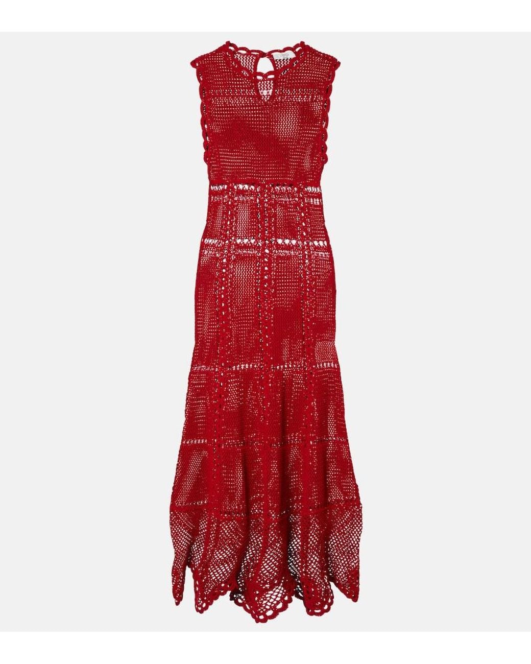 Erdem Red Cotton Crochet Midi Dress