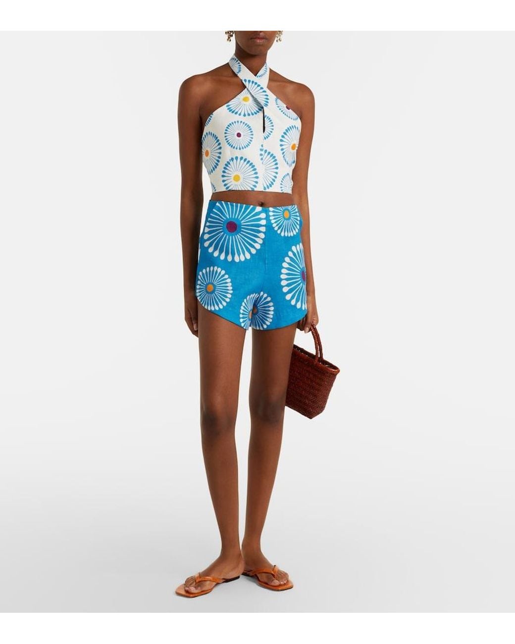 Cala De La Cruz Blue Bahamas Floral Linen Shorts