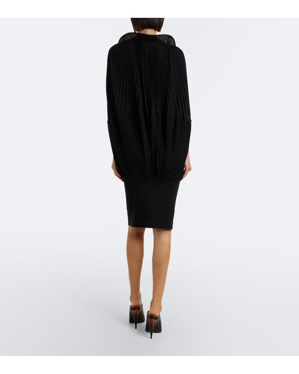 Junya Watanabe Black Pleated Wool-Paneled Midi Dress