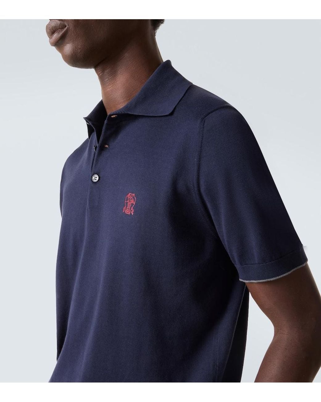 Brunello Cucinelli Blue Embroidered Cotton Pique Polo Shirt for men
