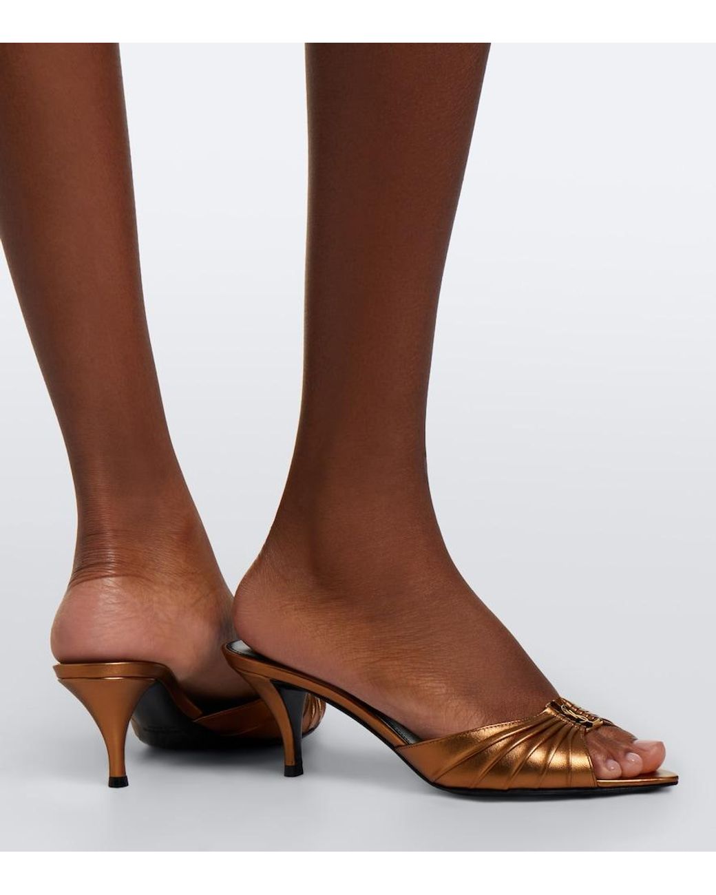 Saint Laurent Brown Babylone Cassandre Metallic Leather Mules