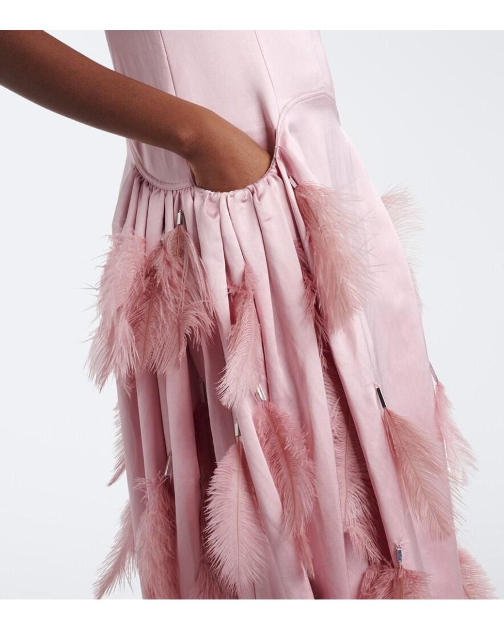 JACQUES WEI Pink Feather-Trimmed Satin Gown