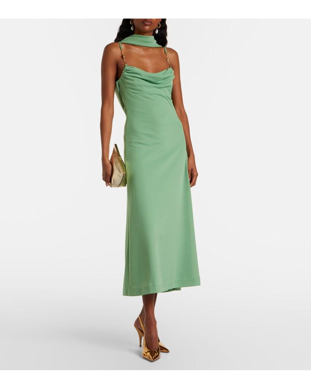 Rebecca Vallance Green Isla Draped Scarf-Detail Midi Dress