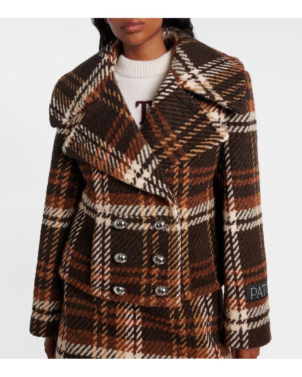 Patou Brown Checked Double-Breasted Wool-Blend Jacket