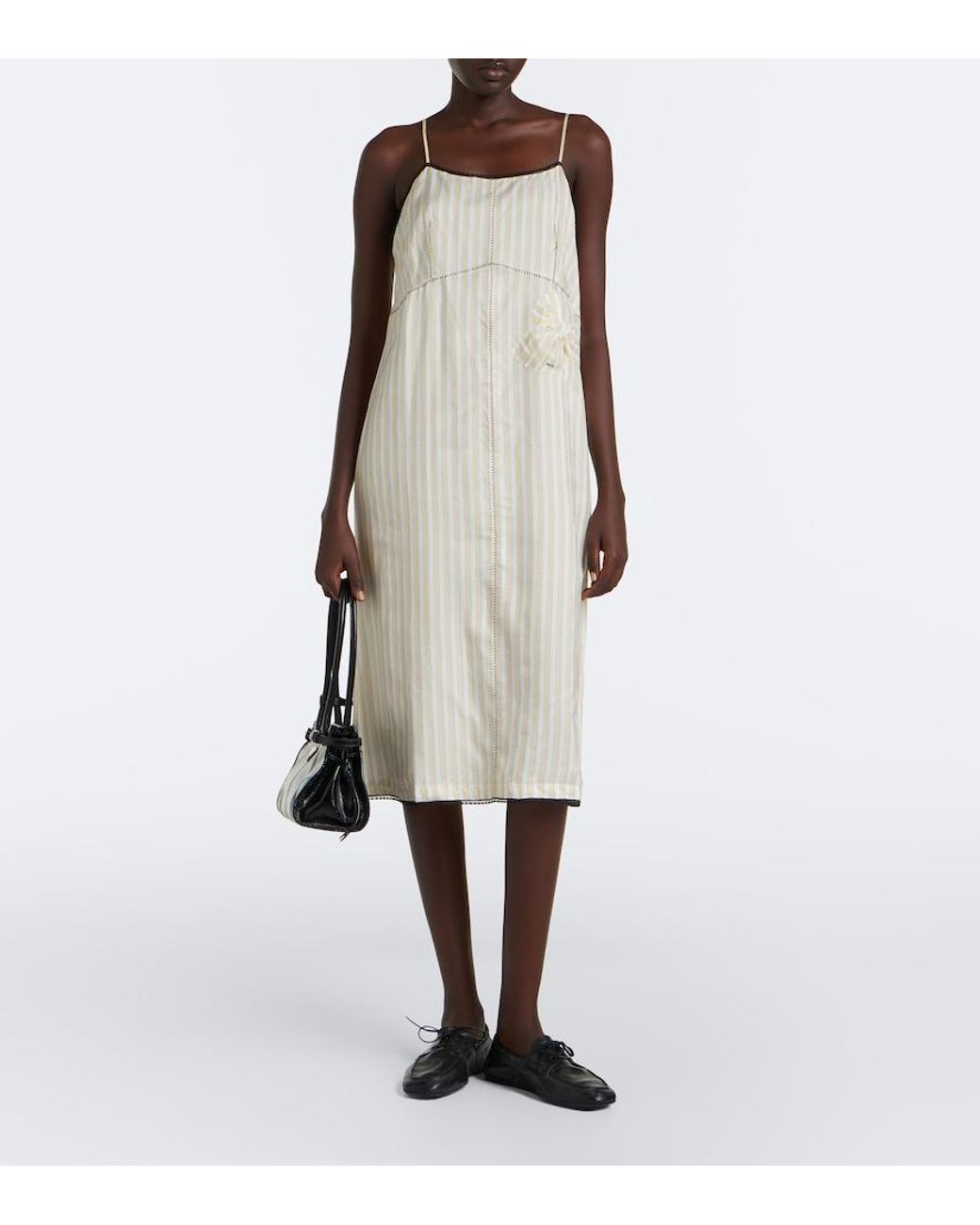 Prada Natural Bow-Detail Striped Midi Dress