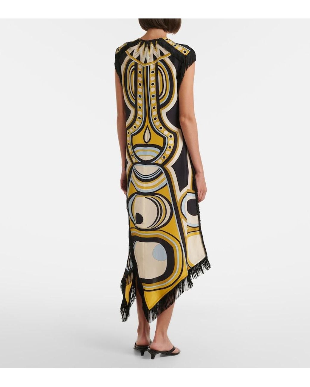 LaDoubleJ Metallic Scarf Fringed Printed Silk Voile Midi Dress