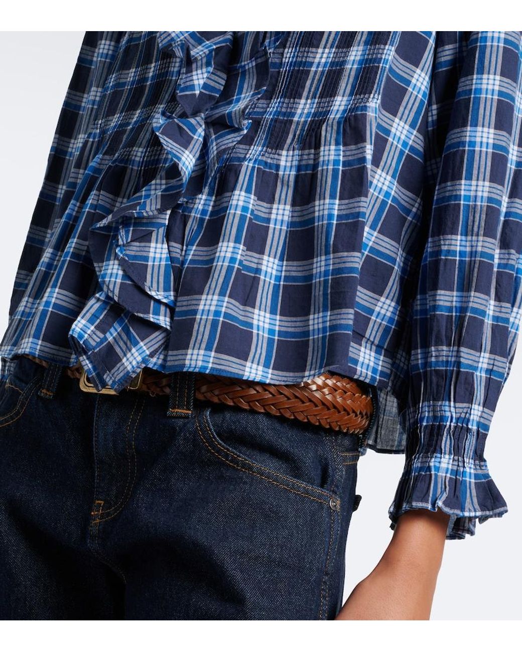Doen Blue Hardy Plaid Ruffled Cotton Blouse