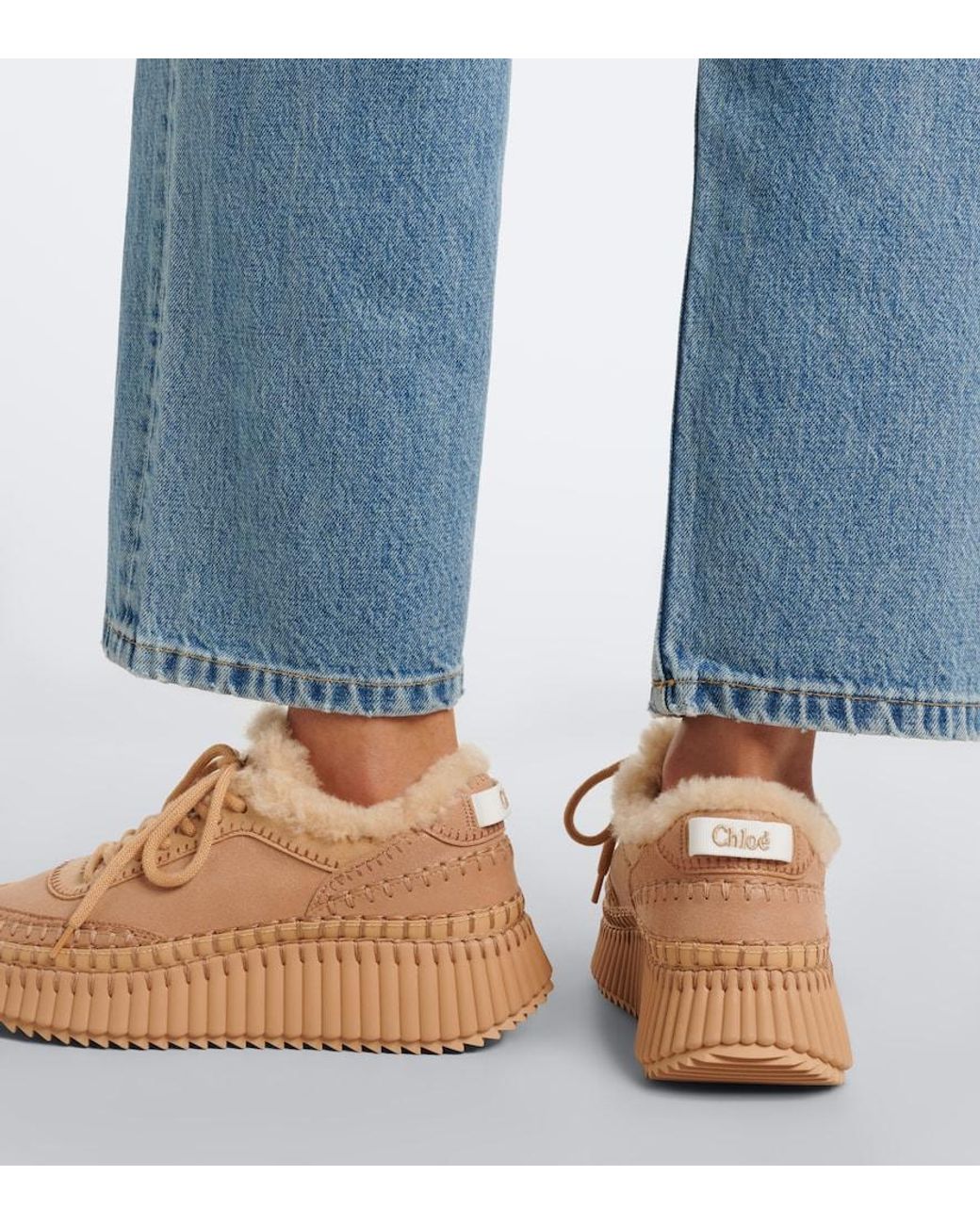 Chloé Natural Nama Shearling-Lined Suede Platform Sneakers