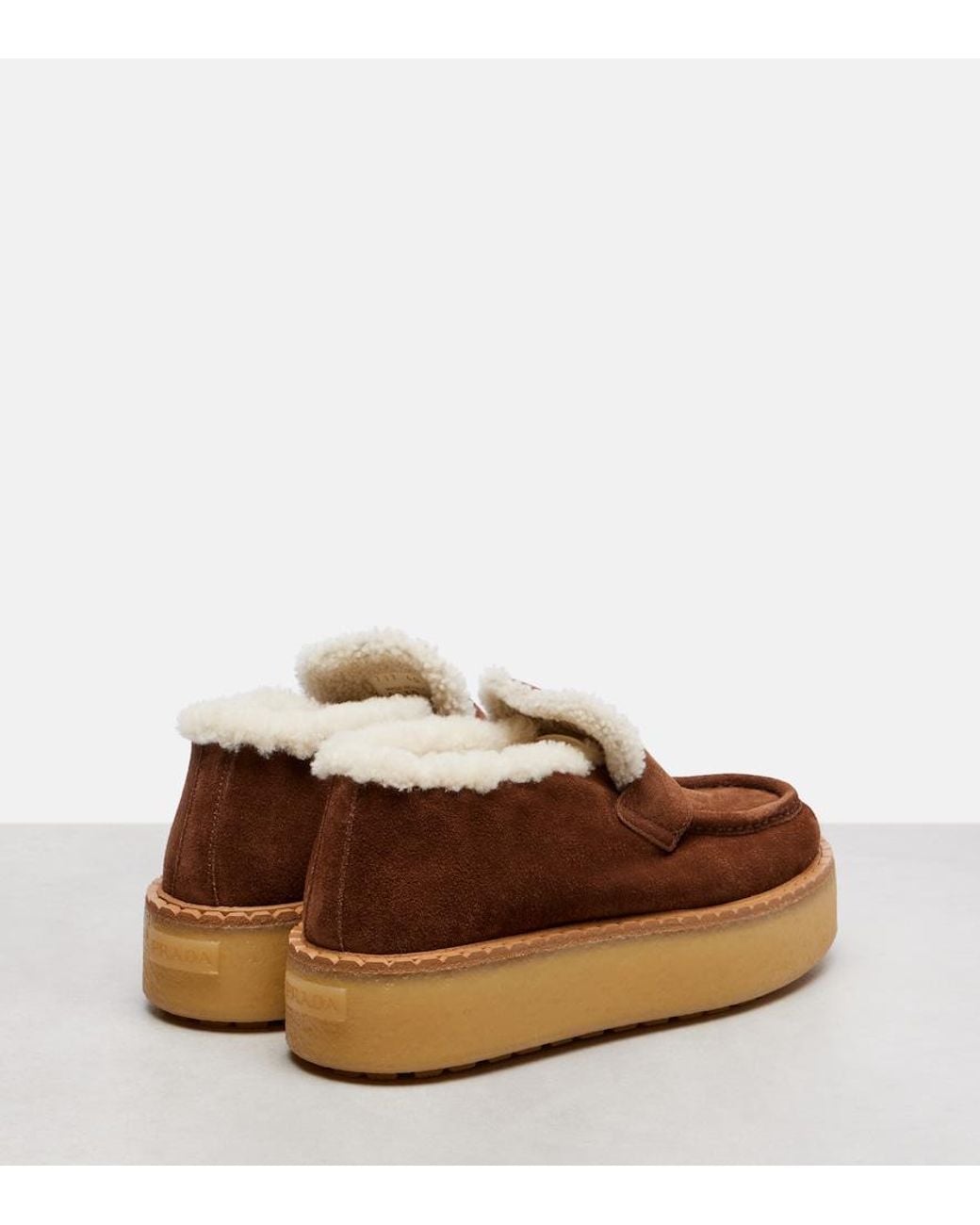 Prada Brown Plateau-Loafers Aus Veloursleder Mit Shearling