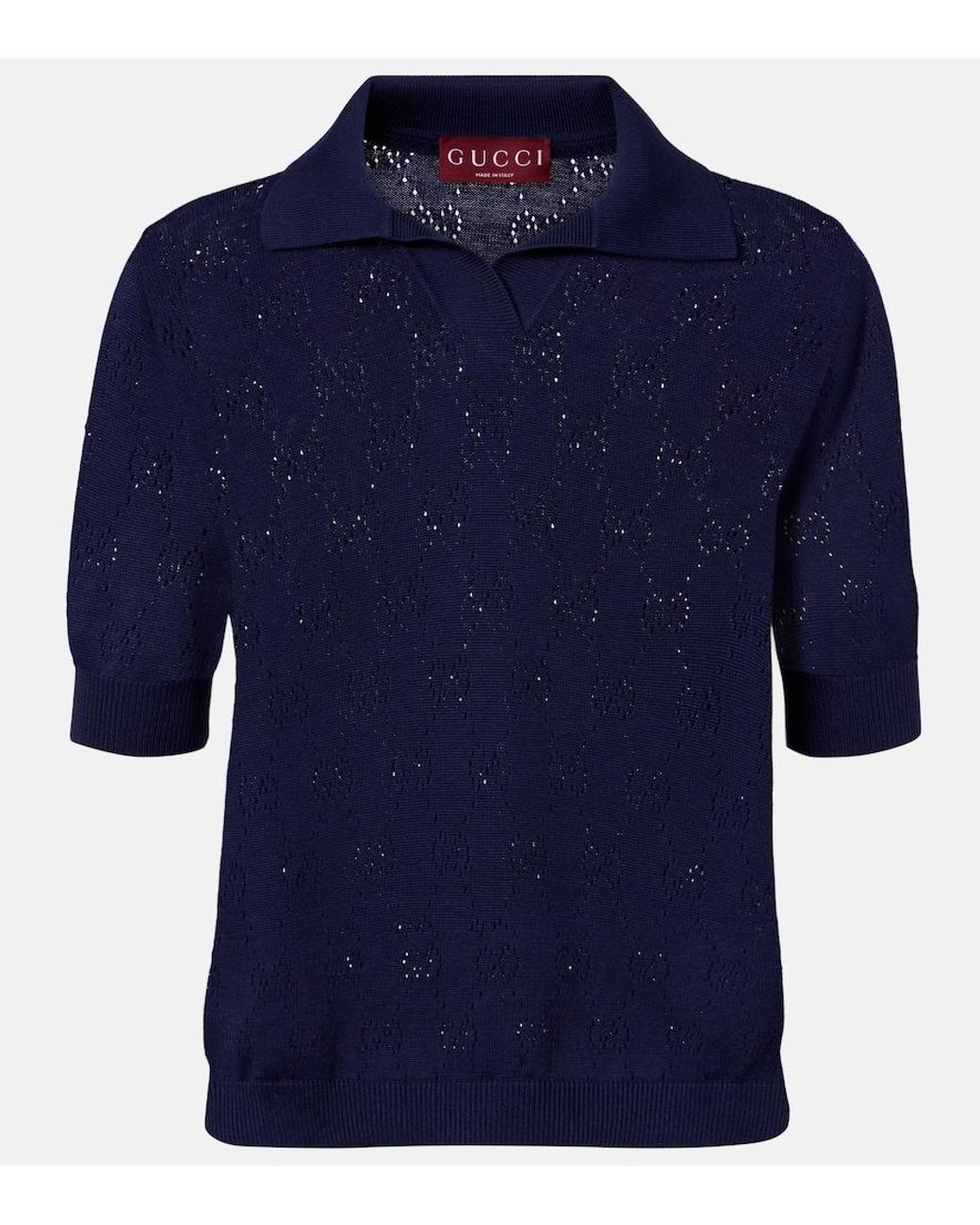 Gucci Blue Gg Pointelle Silk And Cotton Polo Shirt