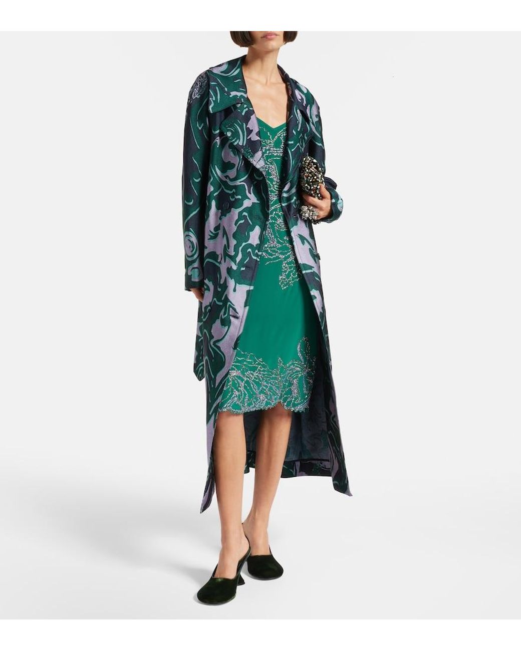Dries Van Noten Green Printed Trench Coat