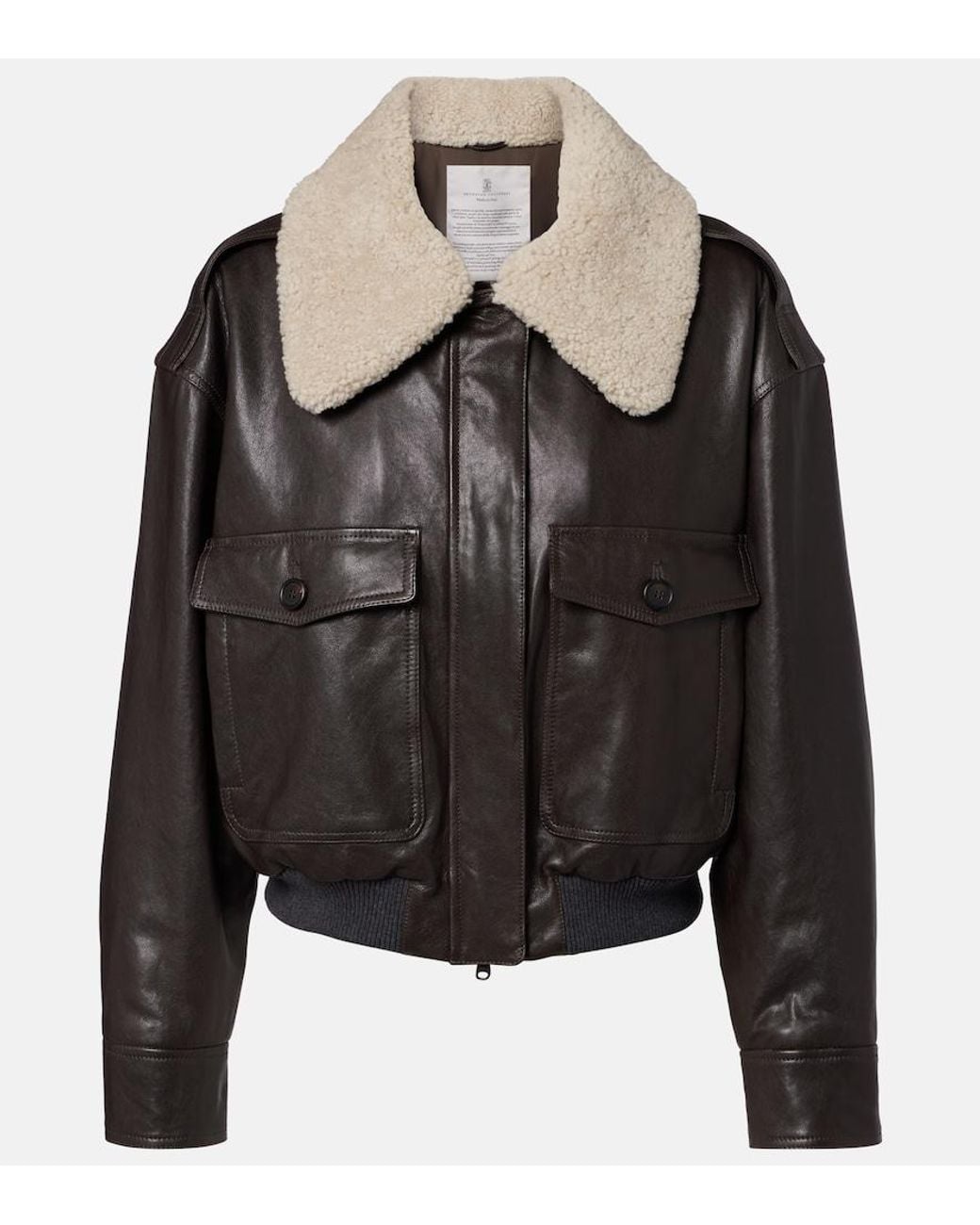 Brunello Cucinelli Black Shearling-Trimmed Leather Bomber Jacket