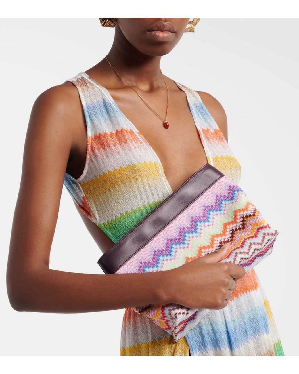 Missoni Blue Zigzag Large Leather-Trimmed Lame Clutch