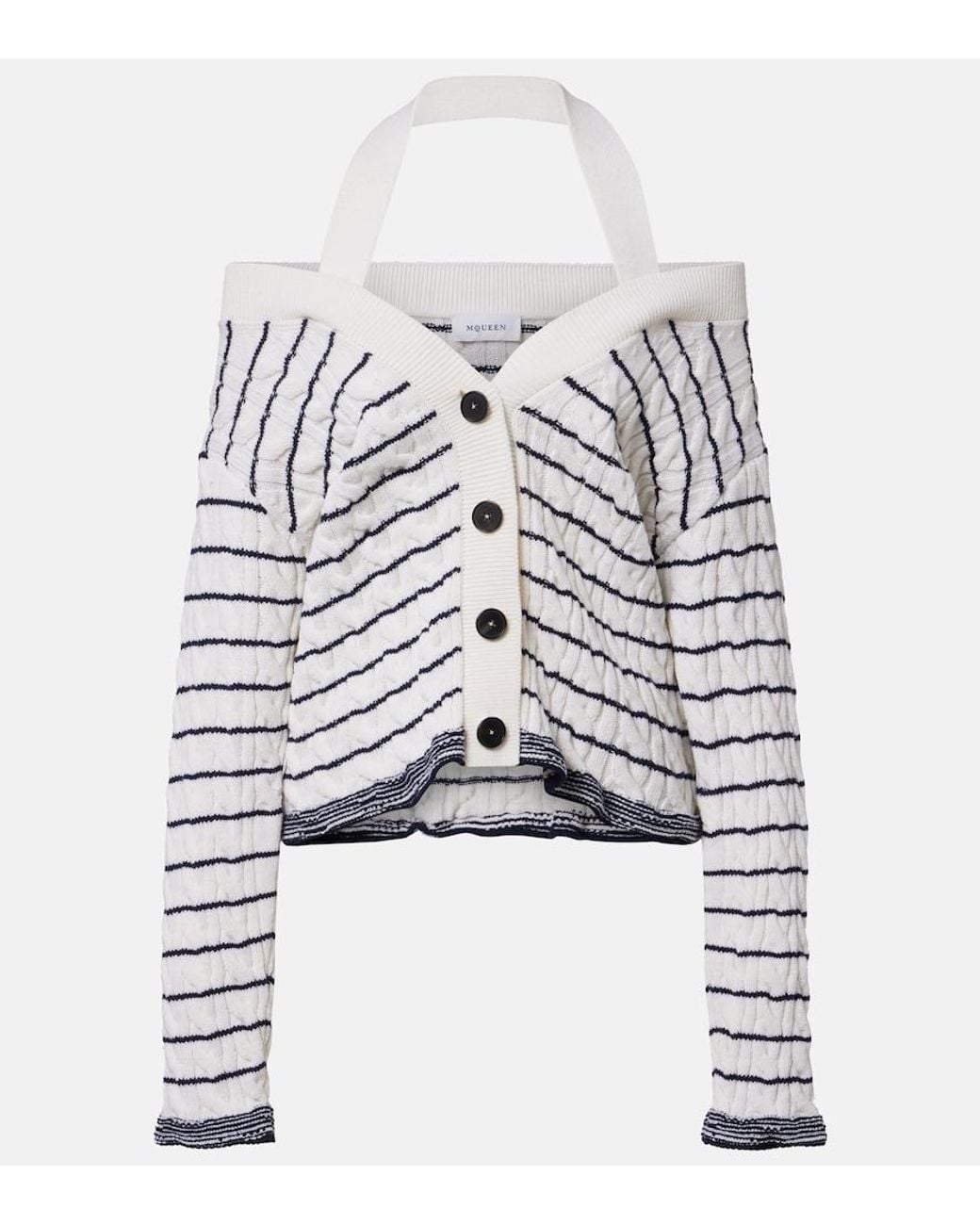 McQueen White Cable-Knit Striped Wool Cardigan