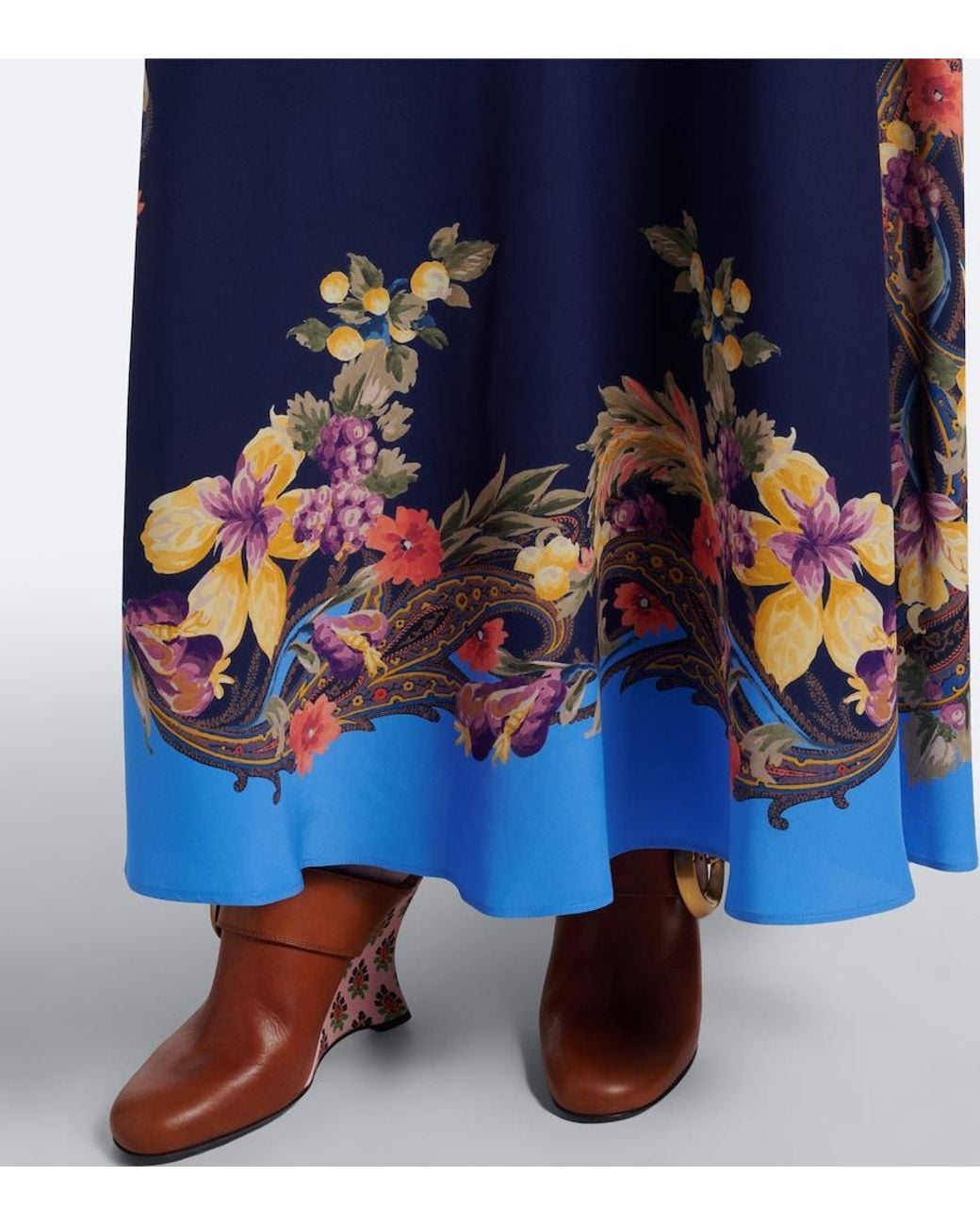 Etro Blue Floral Silk Crepe De Chine Maxi Skirt