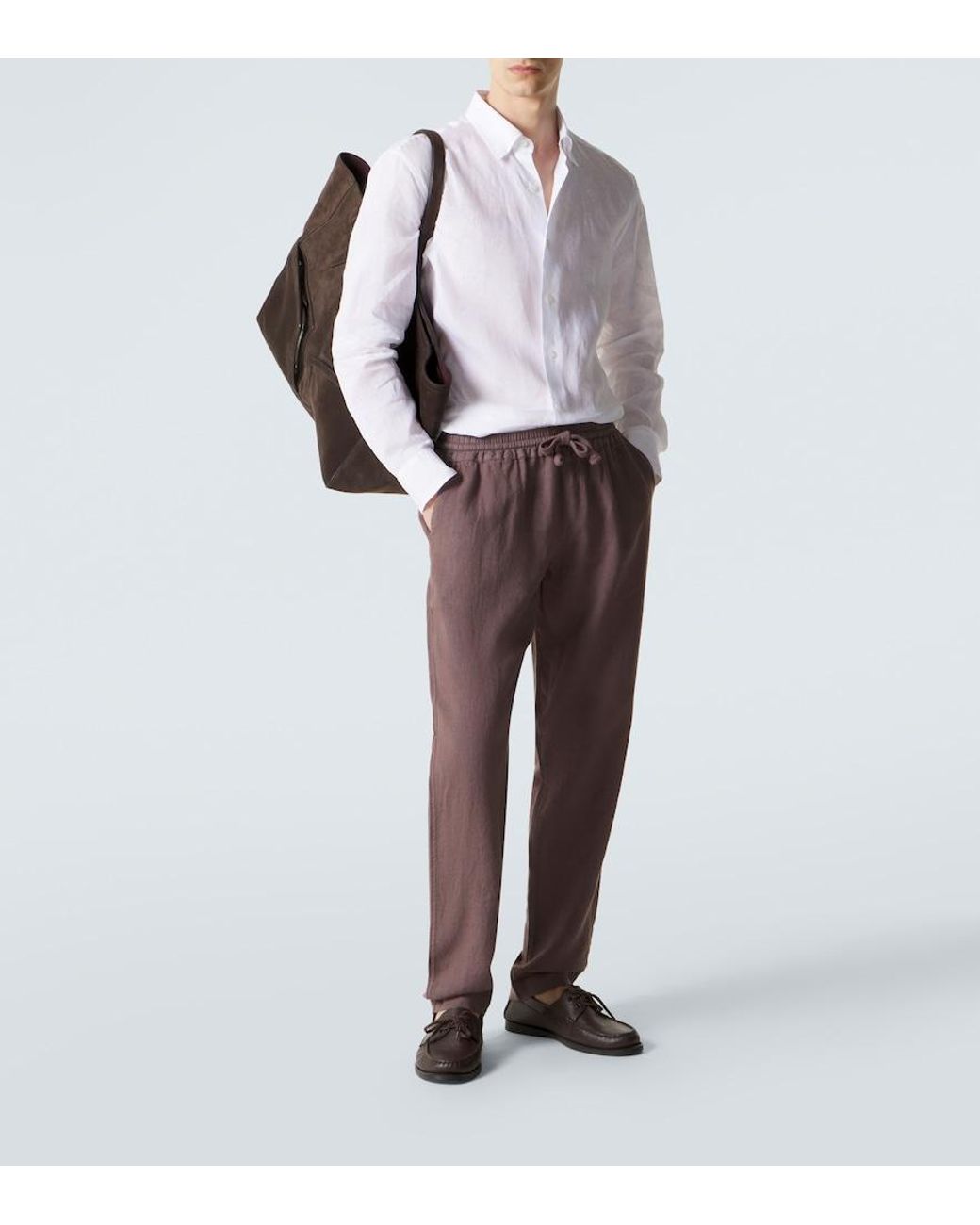 Fedeli Brown Linen Straight Pants for men