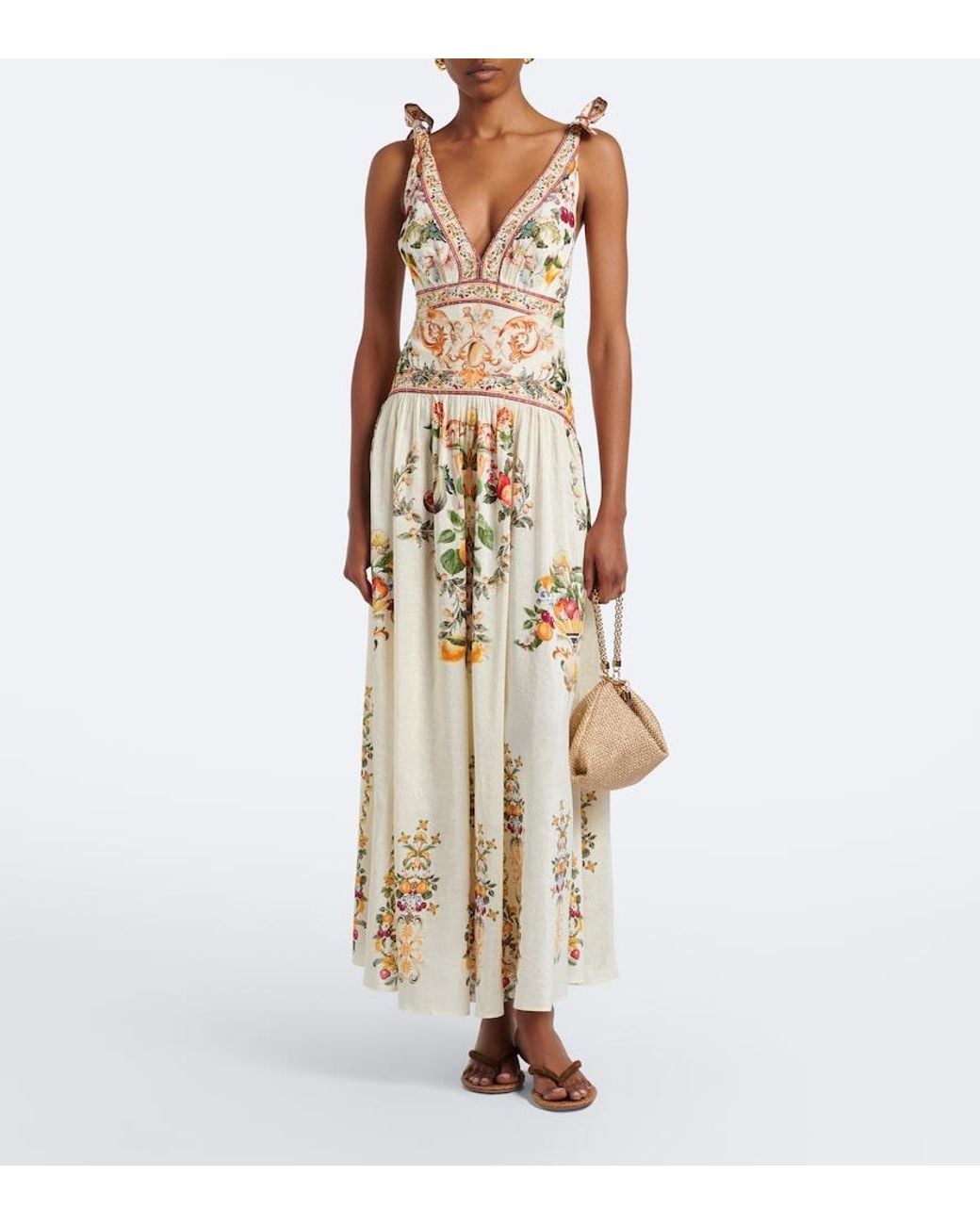 Camilla Metallic Embellished Printed Linen And Silk Maxi Dress