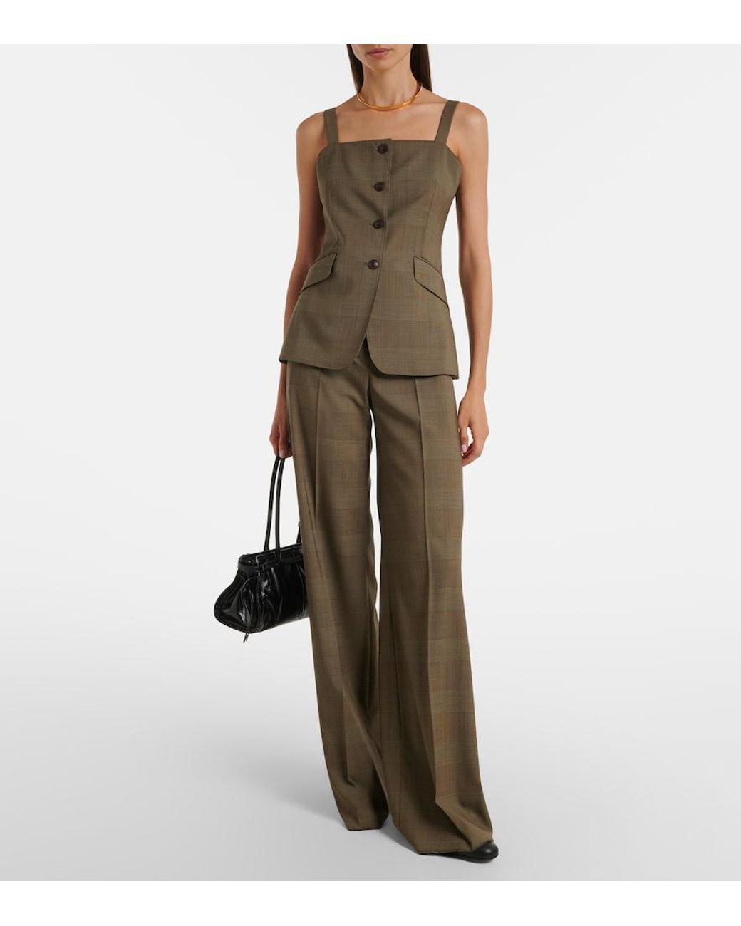 Max Mara Natural Checked Virgin Wool Wide-Leg Pants