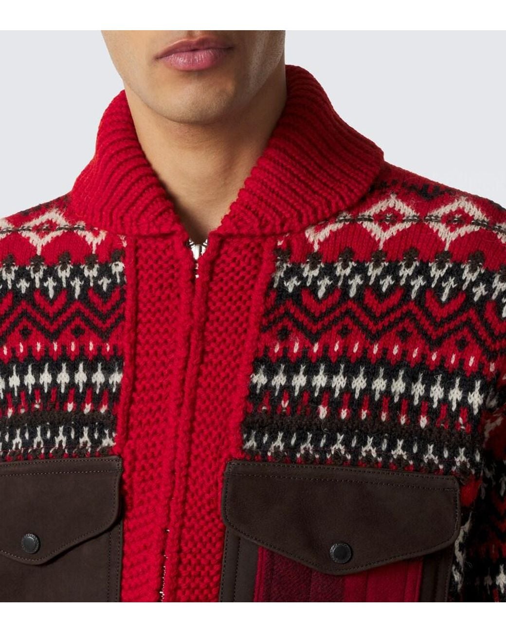 Junya Watanabe Red Suede-Trimmed Wool Zip-Up Cardigan for men