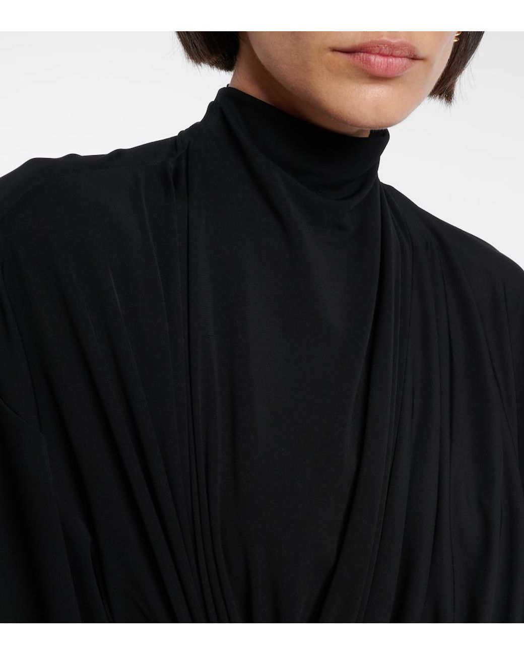 Bottega Veneta Black Gathered Crepe Jersey Midi Dress