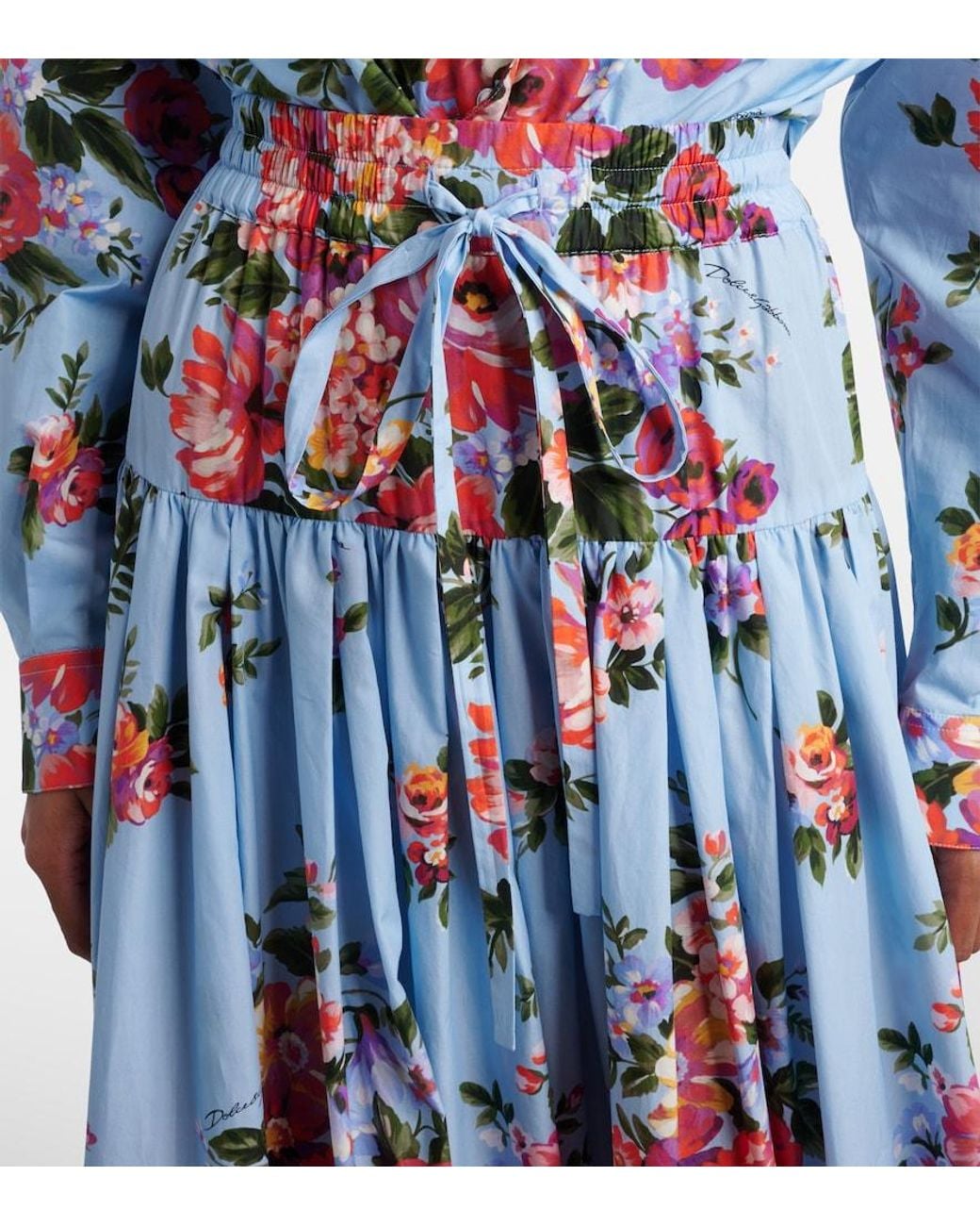 Dolce & Gabbana Blue Floral Cotton Poplin Maxi Skirt