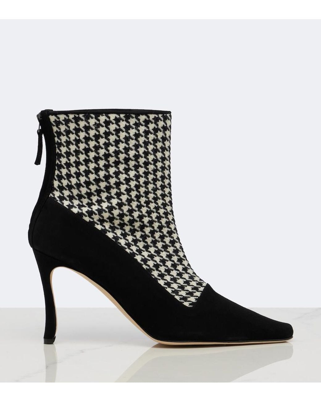 Manolo Blahnik Black Gosta Houndstooth Suede-Trimmed Ankle Boots