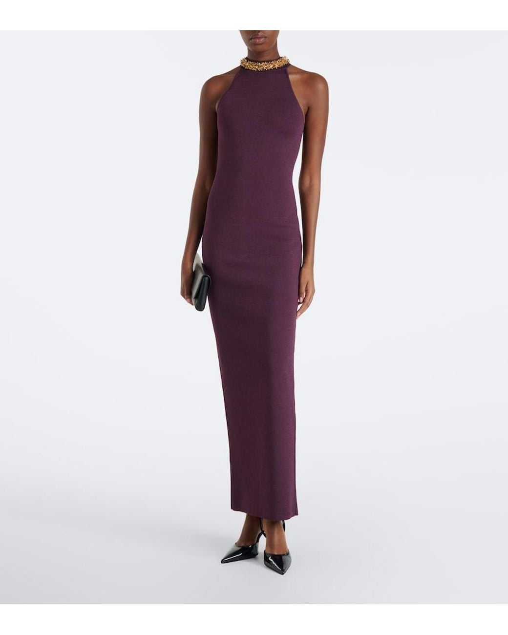 Balmain Purple Embellished Knitted Halterneck Gown