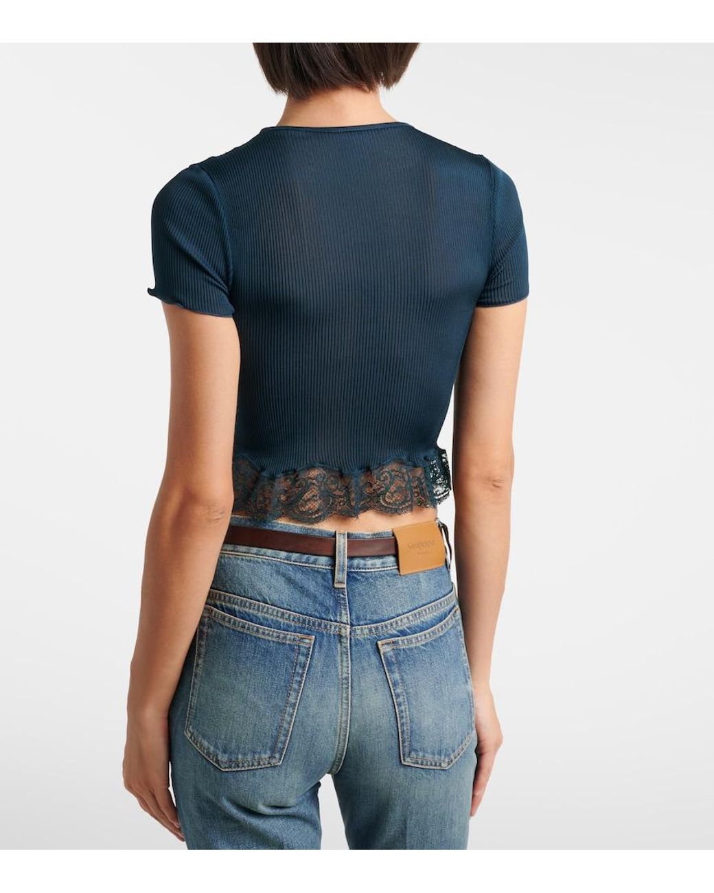 Saint Laurent Blue Lace-Trimmed Cropped Silk T-Shirt