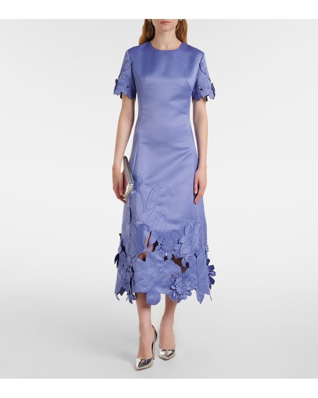 LEO LIN Blue Caroline Floral-Applique Satin Midi Dress