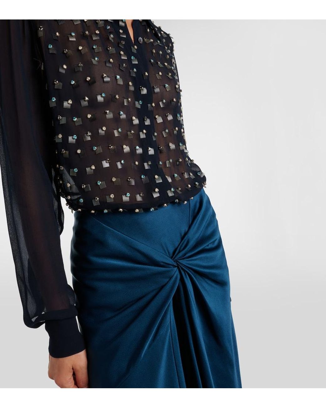 Dries Van Noten Blue Gathered Satin Midi Skirt