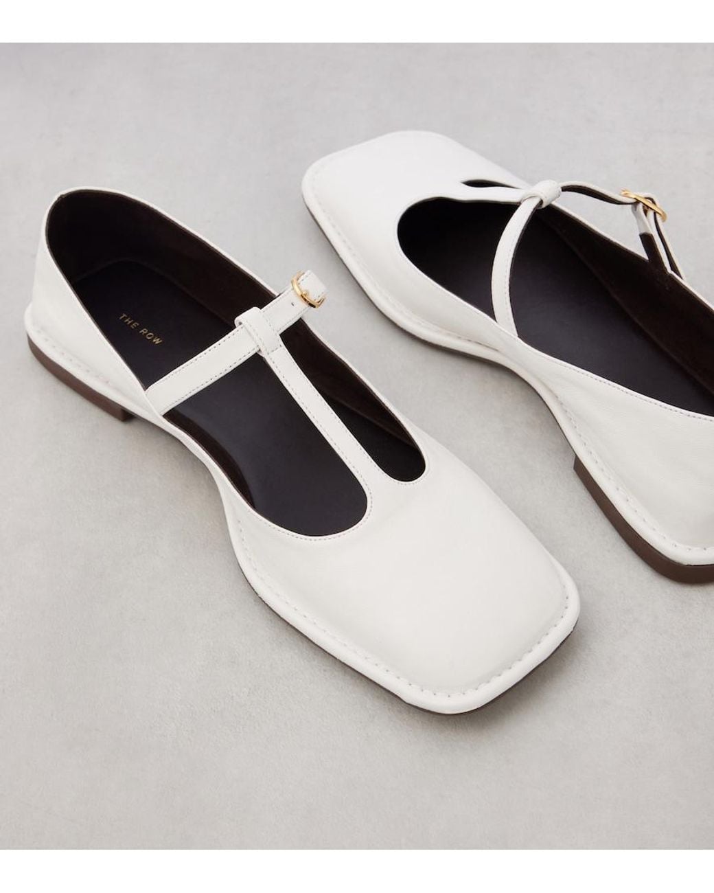 The Row White Square T-Strap Leather Ballet Flats