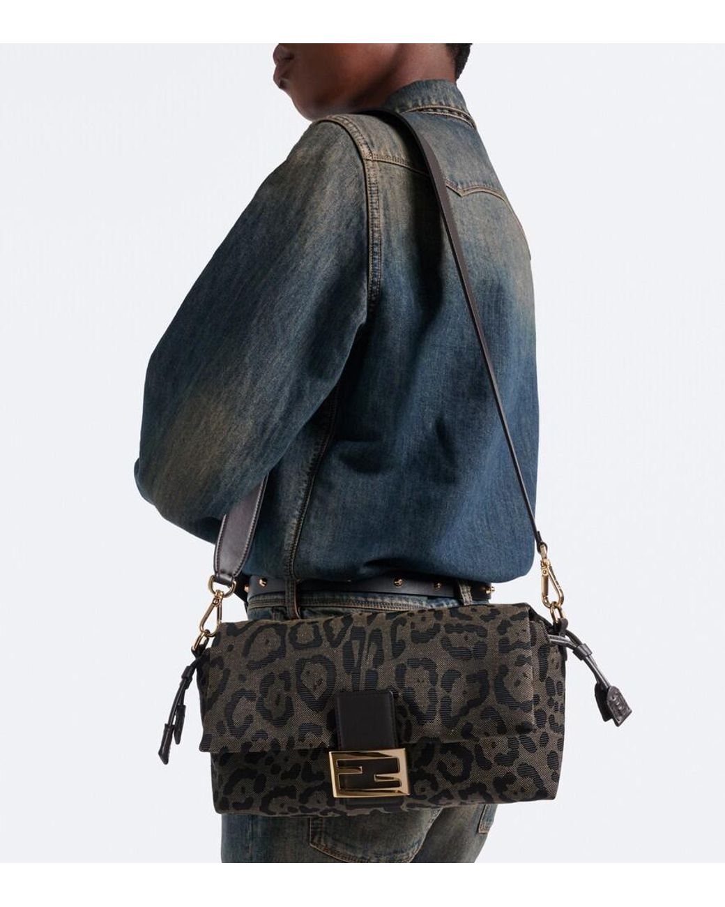 Fendi Black Baguette Soft Medium Jacquard Shoulder Bag