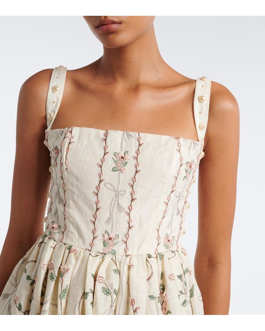 Agua Bendita Natural Mielero Embroidered Floral Linen Minidress