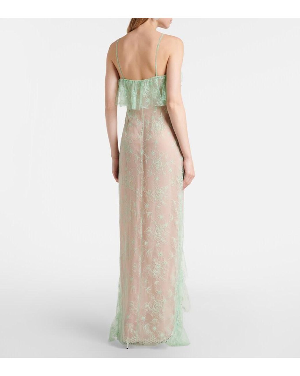 Blumarine Green Ruffled Sheer Lace Gown