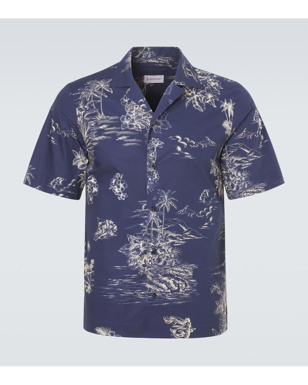 Moncler Blue Floral Cotton Poplin Bowling Shirt for men