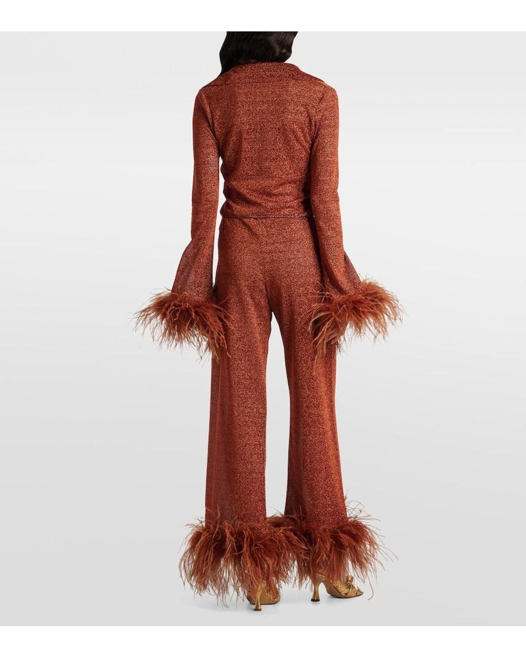 Oseree Brown Lumiere Plumage Feather-Trimmed Blouse