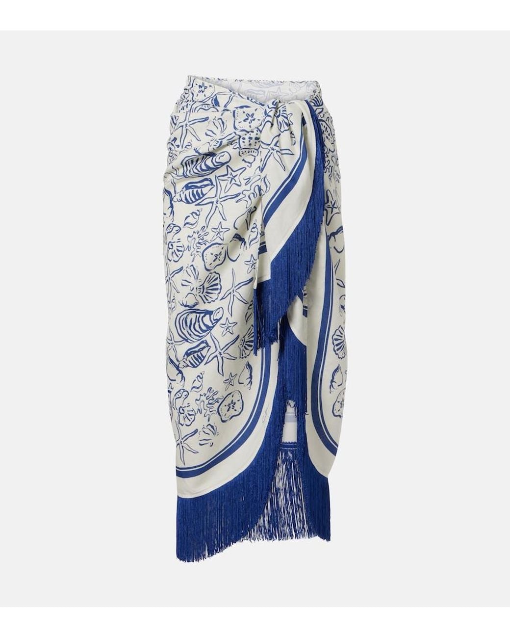 Jonathan Simkhai Blue Fringed Printed Linen-Blend Beach Cover-Up