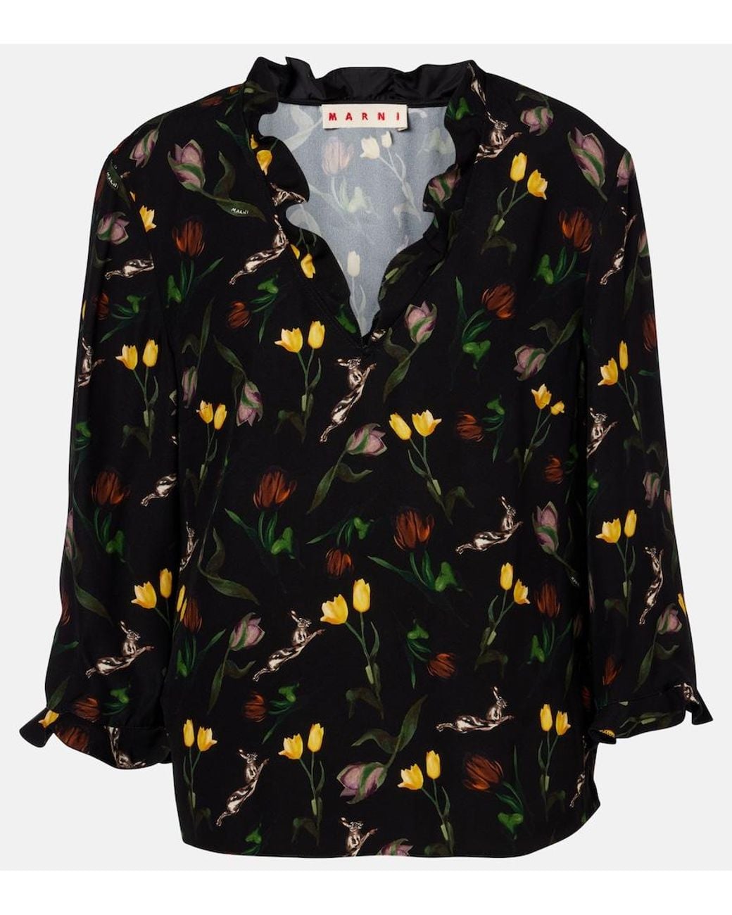 Marni Black Ruffled Floral Top