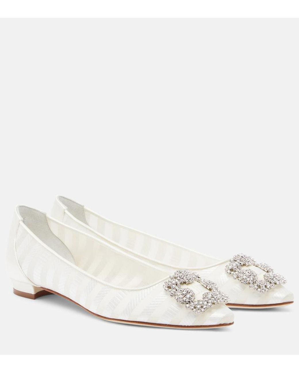 Manolo Blahnik White Hangisi Embellished Organza Ballet Flats