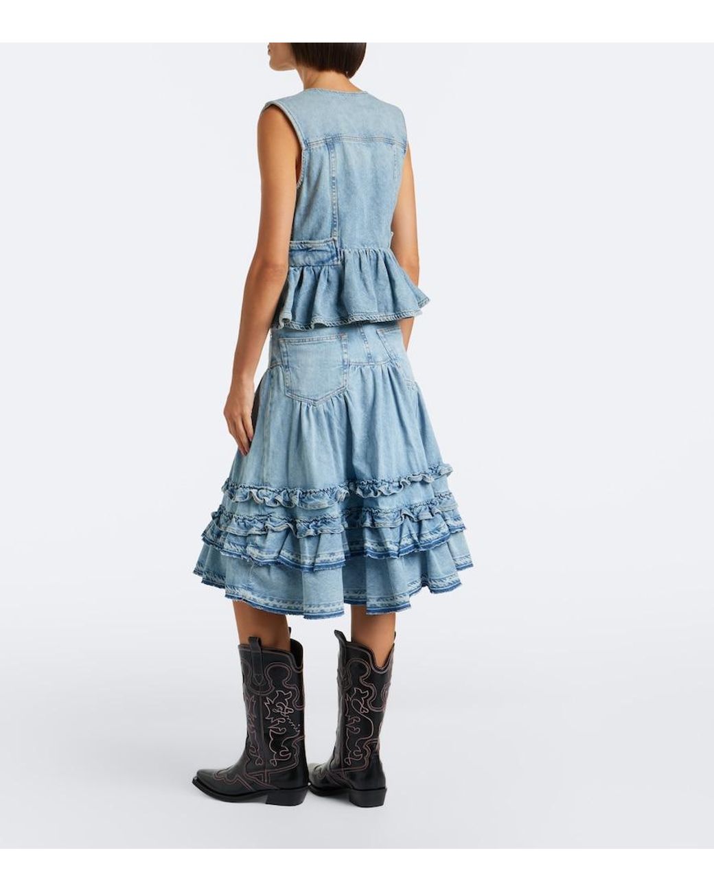 Ganni Blue Ruffled Denim Midi Skirt