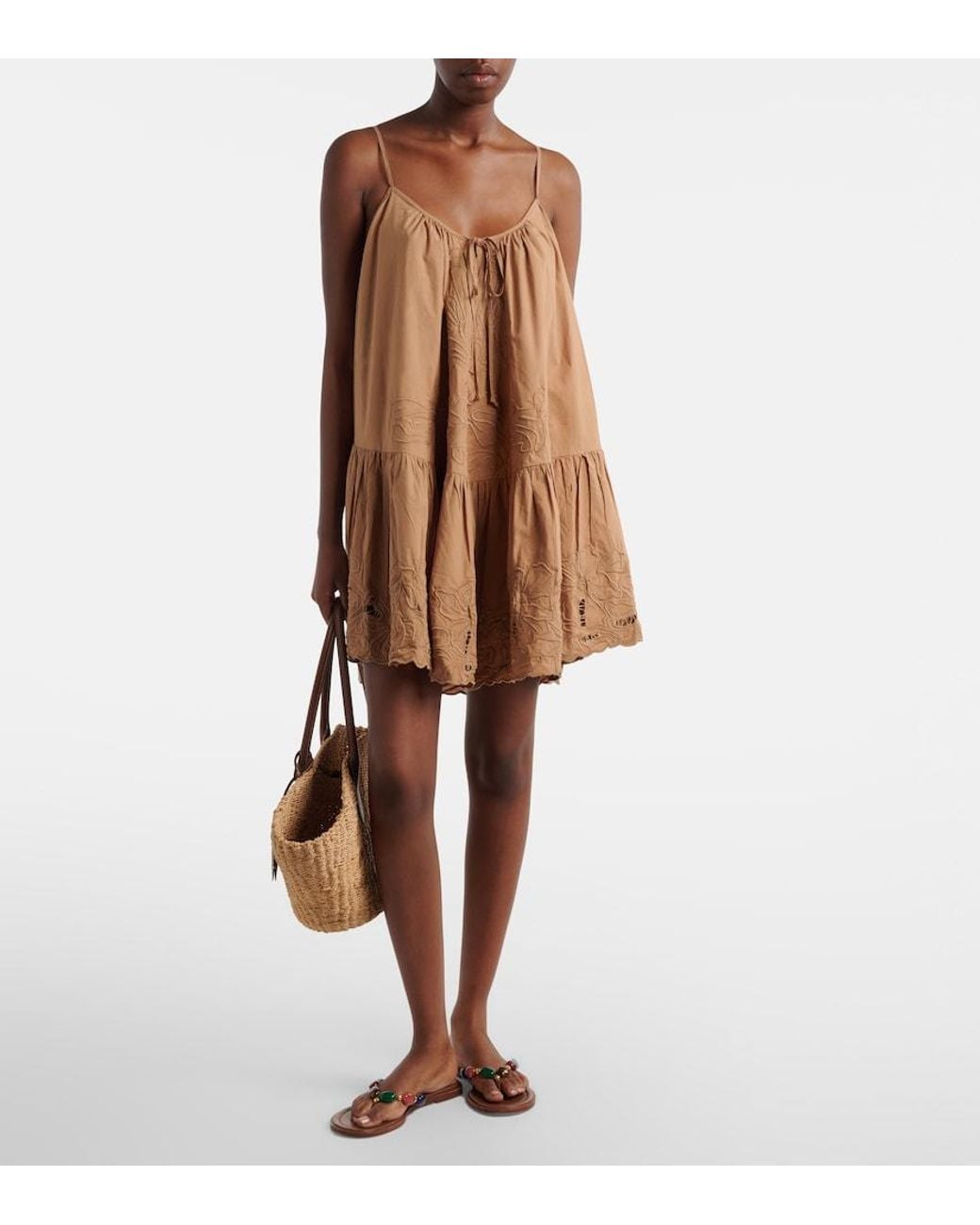 Juliet Dunn Brown Embroidered Cotton Minidress