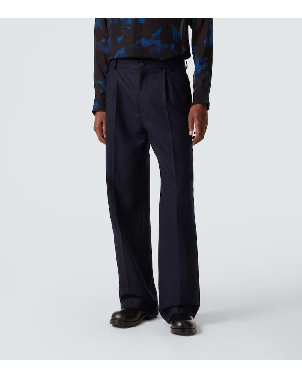 Dries Van Noten Blue Wool Flannel Wide-Leg Pants for men