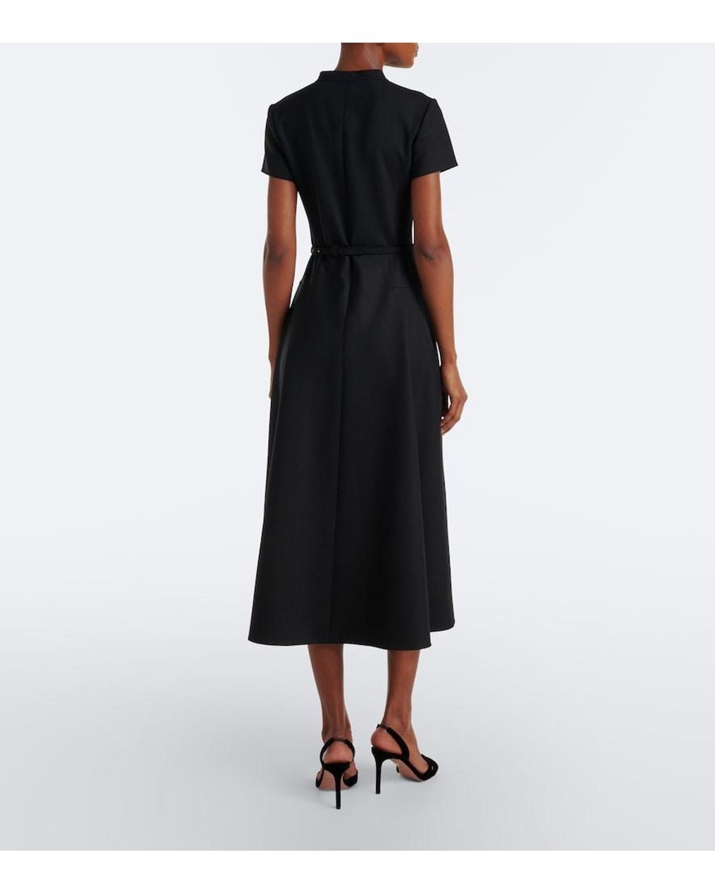 Oscar de la Renta Black Belted Embellished Wool-Blend Midi Dress