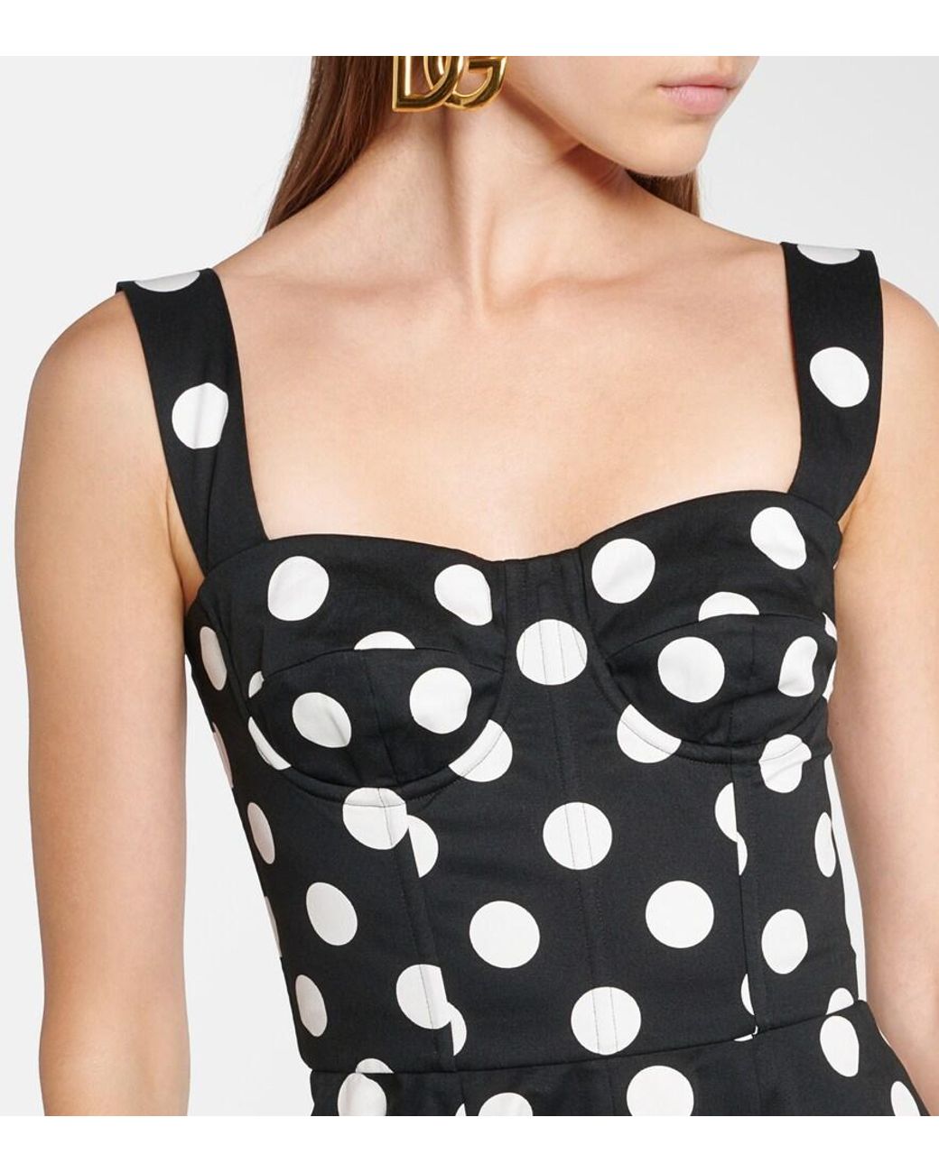 Dolce & Gabbana Black Bustier-Minikleid Aus Baumwolldrillich Punkteprint