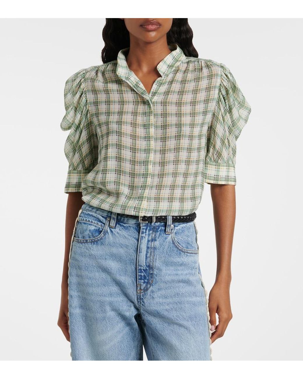 FRAME Green Gillian Checked Silk Blouse