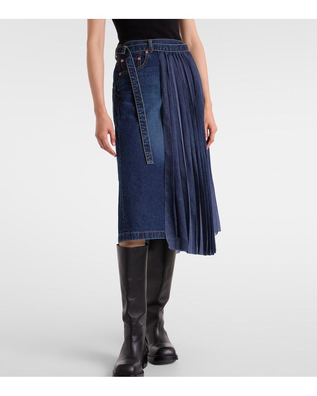 Sacai Blue Pleated Denim Midi Skirt
