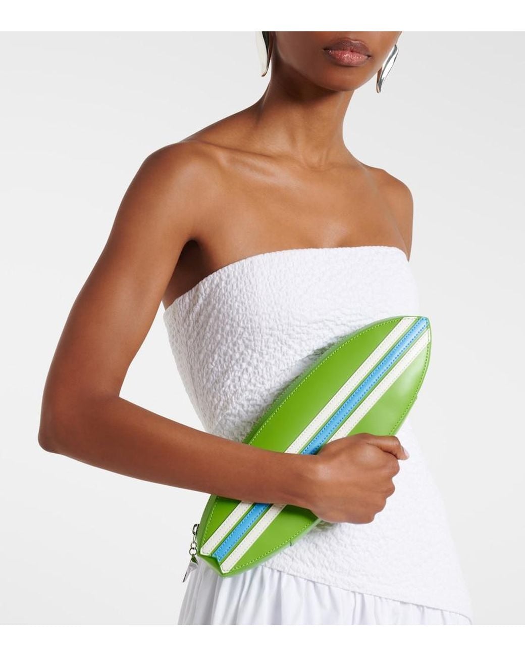 Staud Green Surfboard Striped Leather Clutch