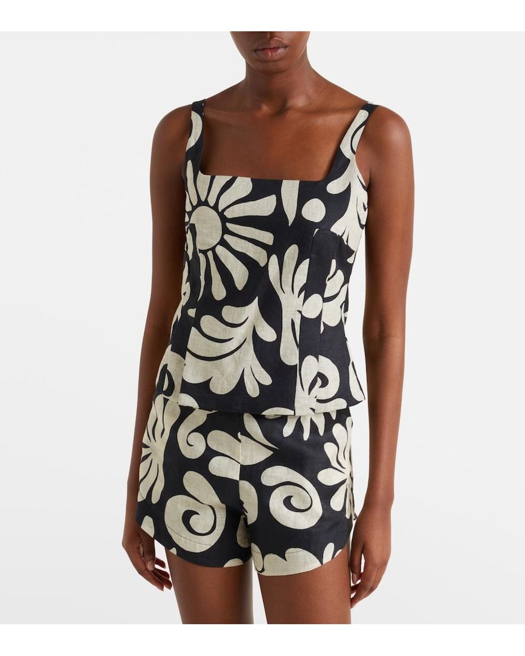 Cala De La Cruz Black Rami Printed Linen Top