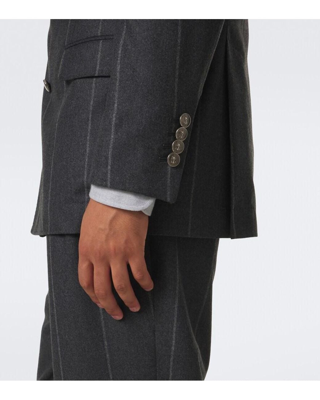 Brunello Cucinelli Black Chalk Stripe Wool, Silk, And Cashmere Suit for men