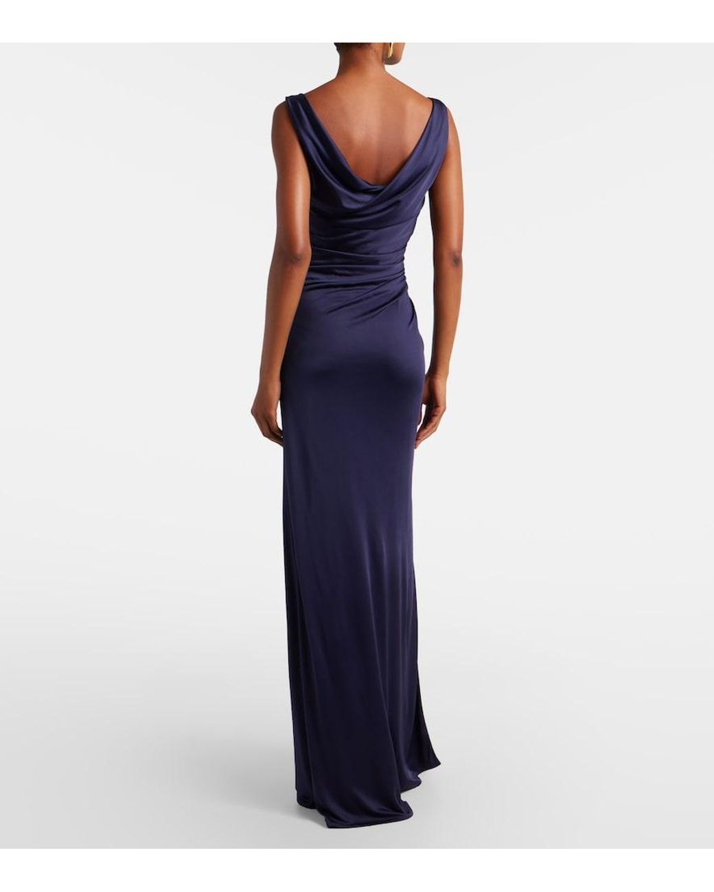 Versace Blue Medusa Draped Ruched Jersey Gown